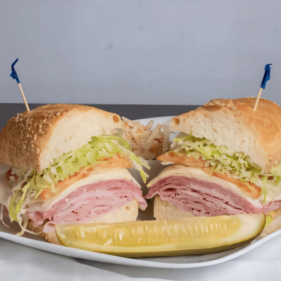 Two halves of a large deli sandwich with meat, cheese, lettuce, and tomato, served with a pickle.