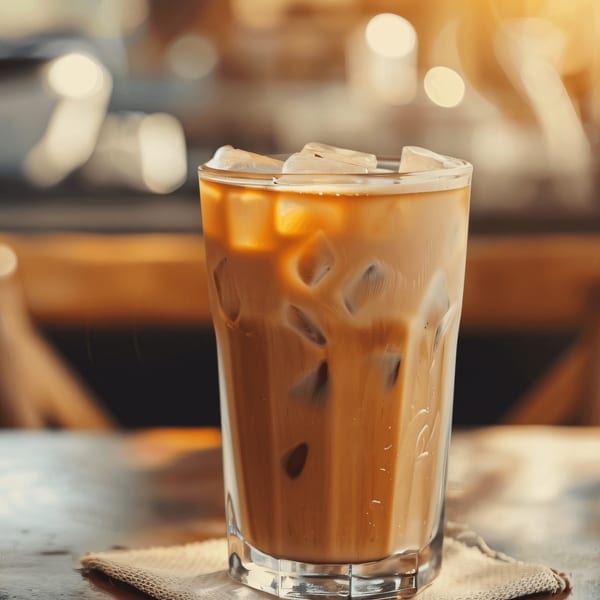 Iced coffee with milk and ice cubes in a clear glass on a wooden table.