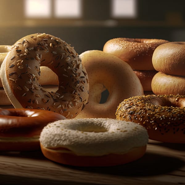 Assortment of Atlantic Bagel Co. bagels, including everything, plain, sesame, and frosted varieties.