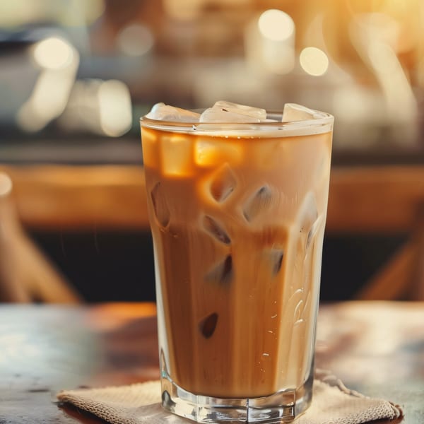 Iced coffee with milk and ice cubes in a clear glass on a wooden table.