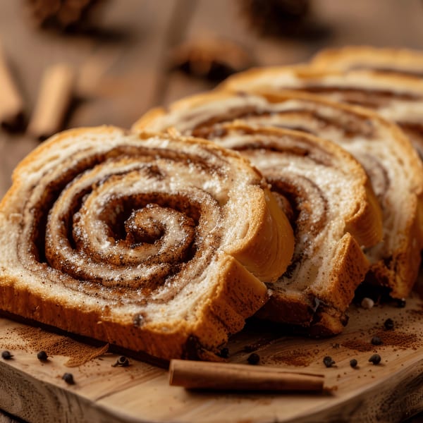 Sliced cinnamon swirl bread with sugar and spice on a wooden board with cinnamon sticks.