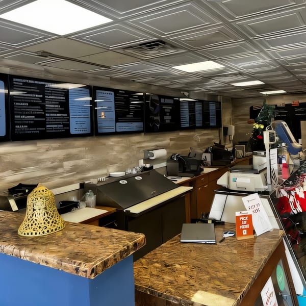 Interior view of Atlantic Bagel Co. counter with menu boards, equipment, and a decorative bell.