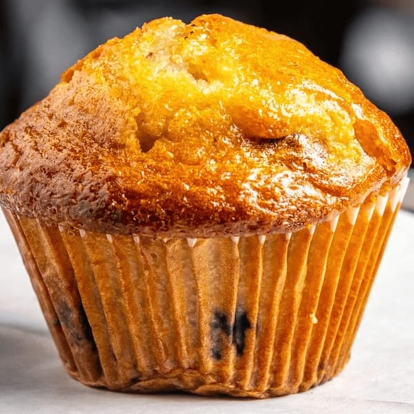A golden-brown blueberry muffin in a white paper liner, with a dark background.
