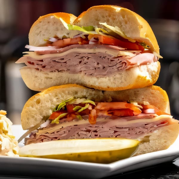 Two stacked deli sandwiches with roast beef, ham, cheese, lettuce, tomato, and onion, served with a pickle.